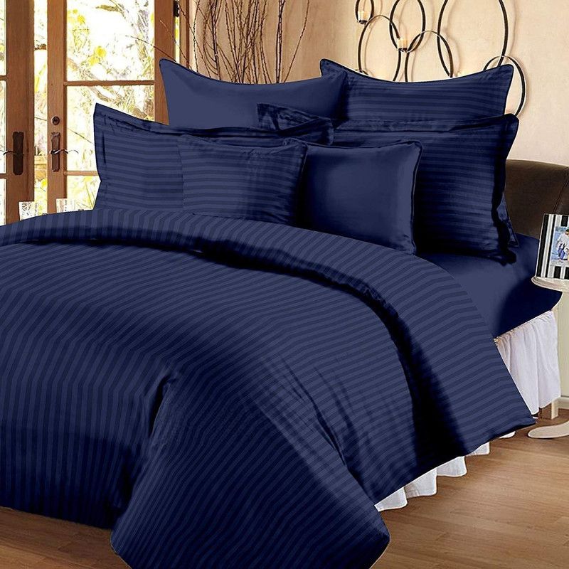 Jinaya's 302 TC Cotton King Striped Flat Bedsheet  (Pack of 1, Navy Blue)