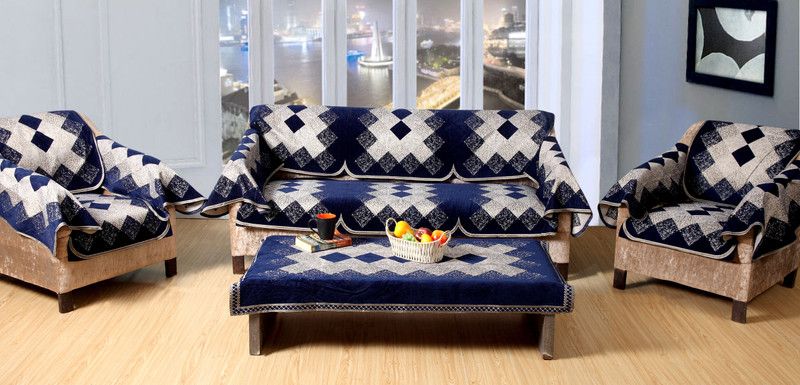 Multitex Velvet Checkered Sofa Cover  (BLUE Pack of 13)