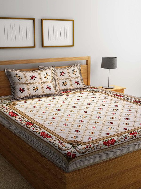CLOTHOLOGY 144 TC Cotton Double Jaipuri Prints Flat Bedsheet  (Pack of 1, Brown)