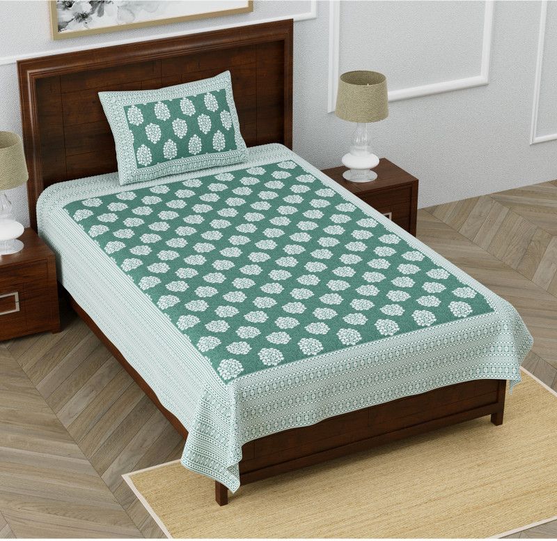 Fabroli 240 TC Cotton Single Jaipuri Prints Flat Bedsheet  (Pack of 1, Green)