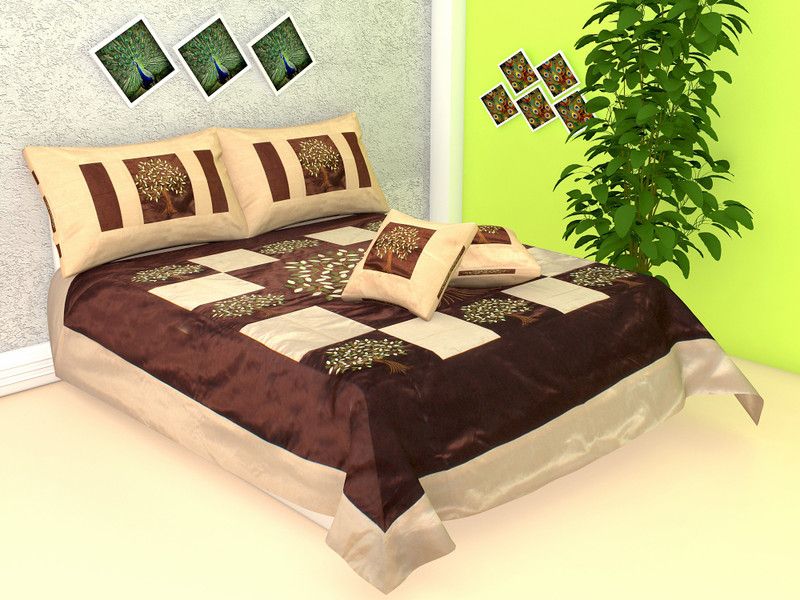 Radhika 180 TC Silk Queen Embroidered Flat Bedsheet  (Pack of 1, Brown Beige)