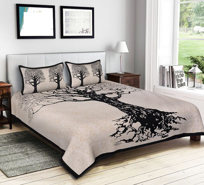 Cotton Double Bedsheet  (Pack of 1, beige, black)