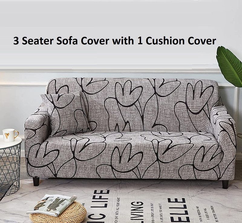 lukzer Polyester Floral Sofa Cover  (3 Seater Universal Decorative Sofa Cover with 2 Cushion Covers Stretchable Removable Couch Protector Slipcover (Dark Grey/180-230cm) Pack of 1)