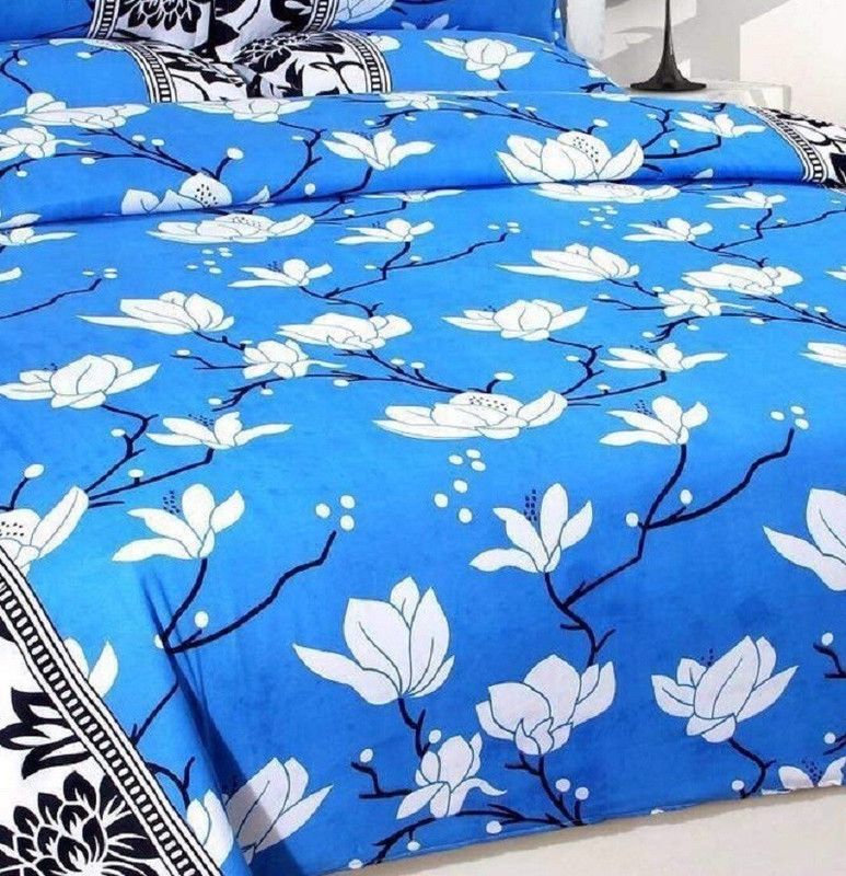 RDK 140 TC Microfiber Double Floral Fitted (Elastic) Bedsheet  (Pack of 1, Blue)