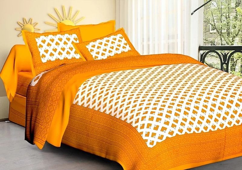 Plethora 151 TC Cotton Double Jaipuri Prints Flat Bedsheet  (Pack of 1, Yellow)