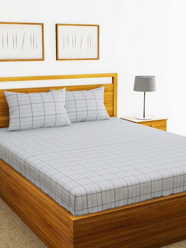 Bianca 144 TC Cotton King Checkered Fitted (Elastic) Bedsheet  (Pack of 1, Grey)