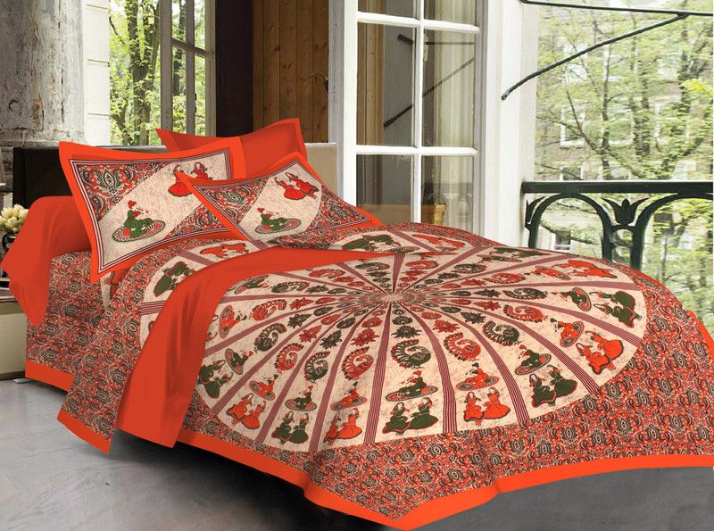 Welldeal 120 TC Cotton King Printed Flat Bedsheet  (Pack of 1, Orange)
