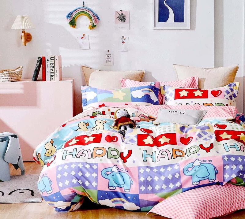 SINGHS VILLAS DECOR 254 TC Cotton King Printed Flat Bedsheet  (Pack of 1, Happy)