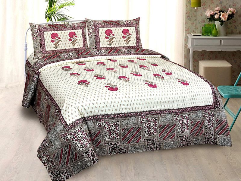 Sanvee 168 TC Cotton King Jaipuri Prints Flat Bedsheet  (Pack of 1, Red Multy)