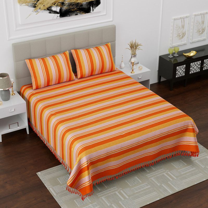 Varde 180 TC Cotton King Striped Flat Bedsheet  (Pack of 1, Orange)