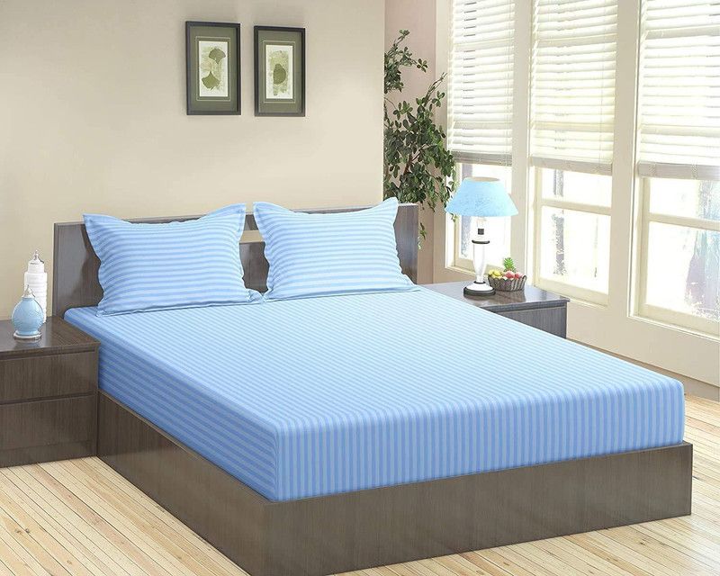 Gangauri Creations 250 TC Satin King Striped Flat Bedsheet  (Pack of 1, Blue)