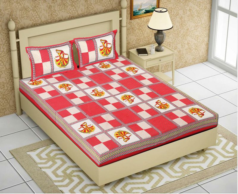 ORINICO 144 TC Cotton Double Checkered Flat Bedsheet  (Pack of 1, Red)