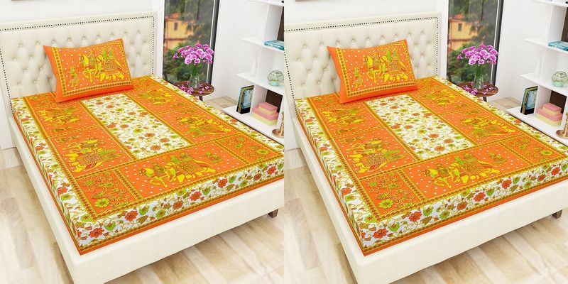 150 TC Cotton Single Printed Bedsheet  (Pack of 2, Orange, Orange)