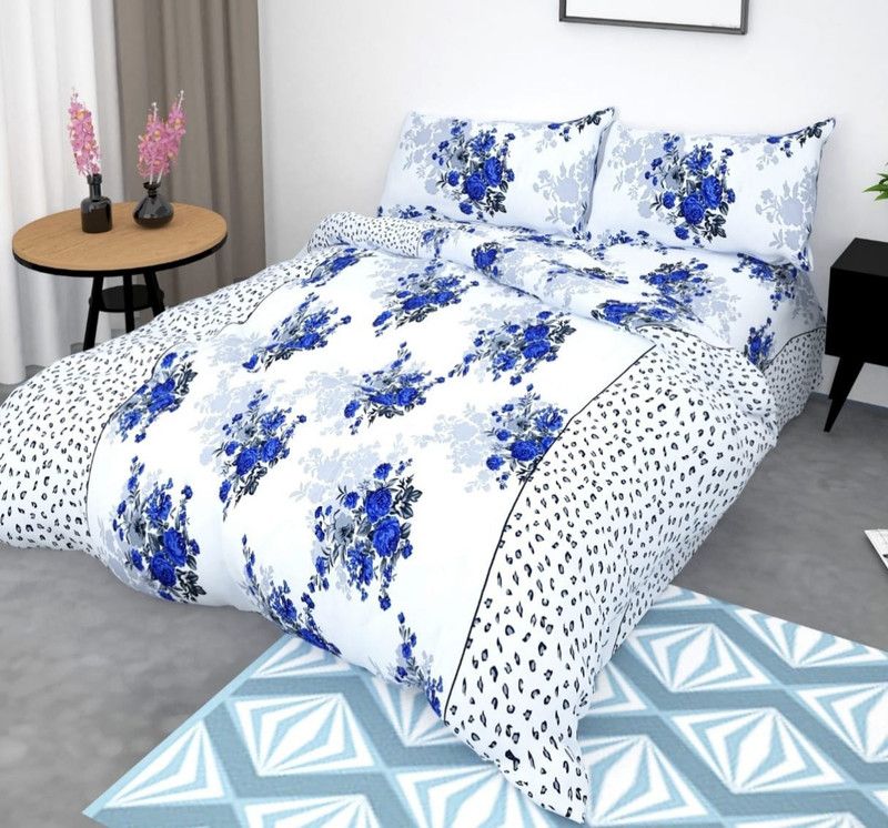 Uttam Quality 140 TC Cotton Queen 3D Printed Flat Bedsheet  (Pack of 1, White, Blue)