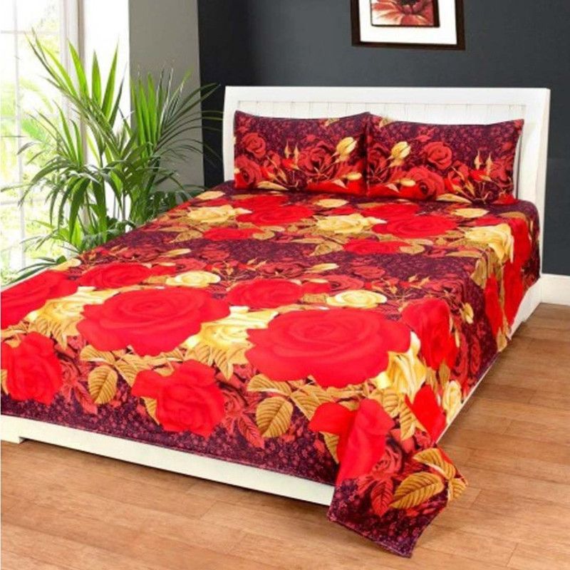 Chauhan 200 TC Polyester Double Floral Flat Bedsheet  (Pack of 3, Red)