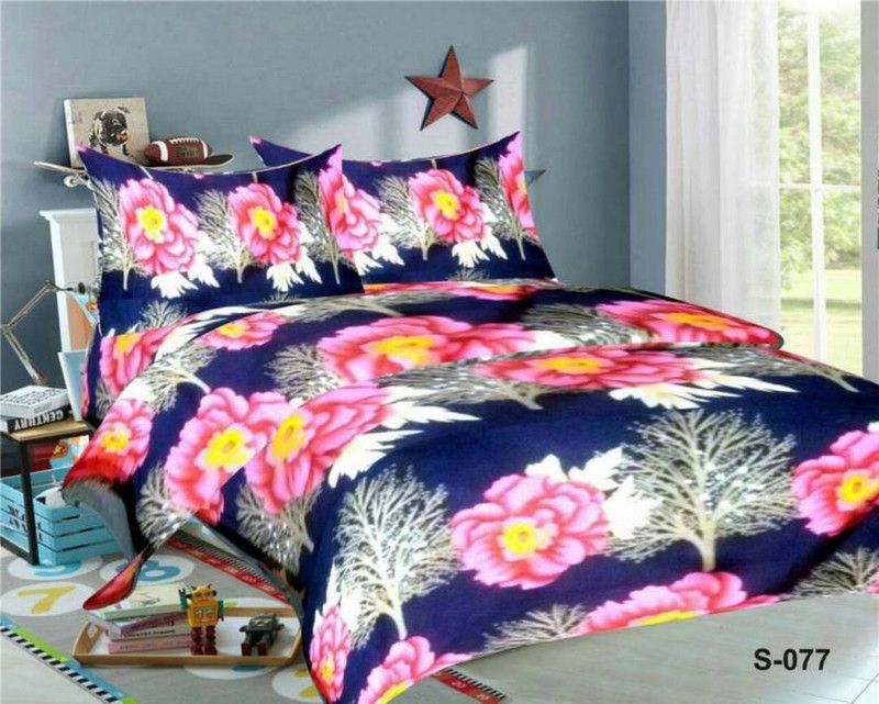 chunnu2star 144 TC Microfiber Double 3D Printed Flat Bedsheet  (Pack of 1, Blue)