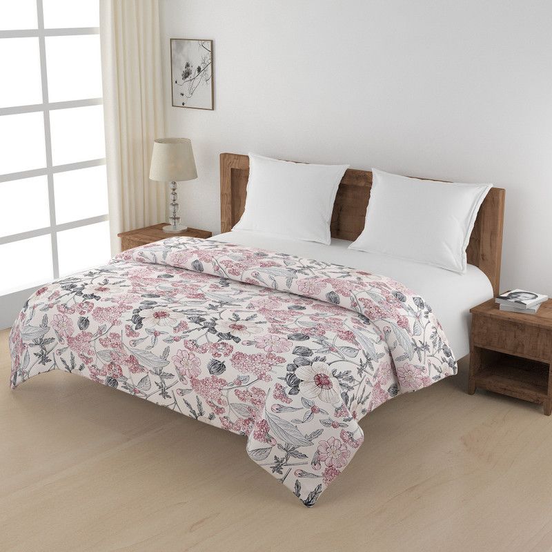 SWAYAM Floral Double Quilt for Heavy Winter  (Cotton, Pink,Grey)