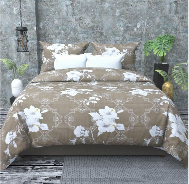 Woodstork 251 TC Microfiber Double Floral Flat Bedsheet  (Pack of 1, Brown)