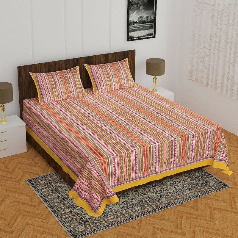 144 TC Cotton Double Striped Bedsheet  (Pack of 1, Multicolor)