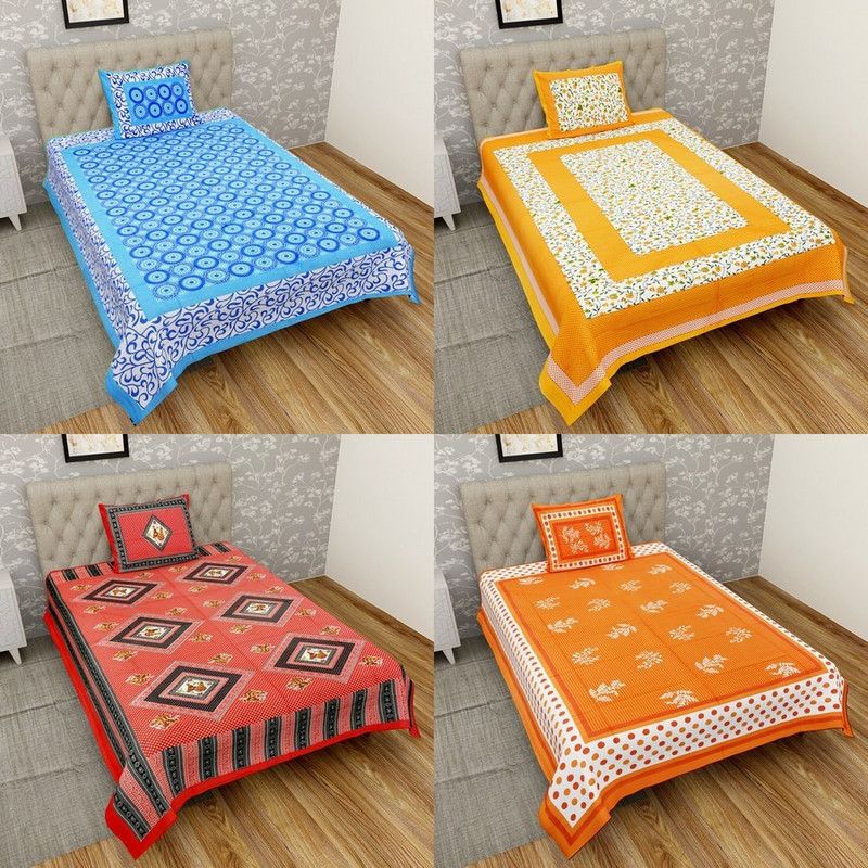 TANIKA - Belives in best quality 150 TC Cotton Single Printed Flat Bedsheet  (Pack of 4, Blue, Yellow, Red, Orange)