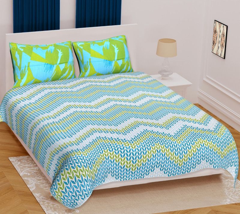 KAANY FAB 104 TC Cotton Double Printed Flat Bedsheet  (Pack of 1, Light Blue)