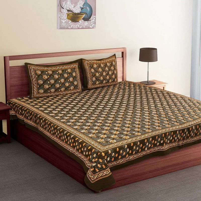 aachu homes 250 TC Cotton Double Jaipuri Prints Flat Bedsheet  (Pack of 1, Brown)