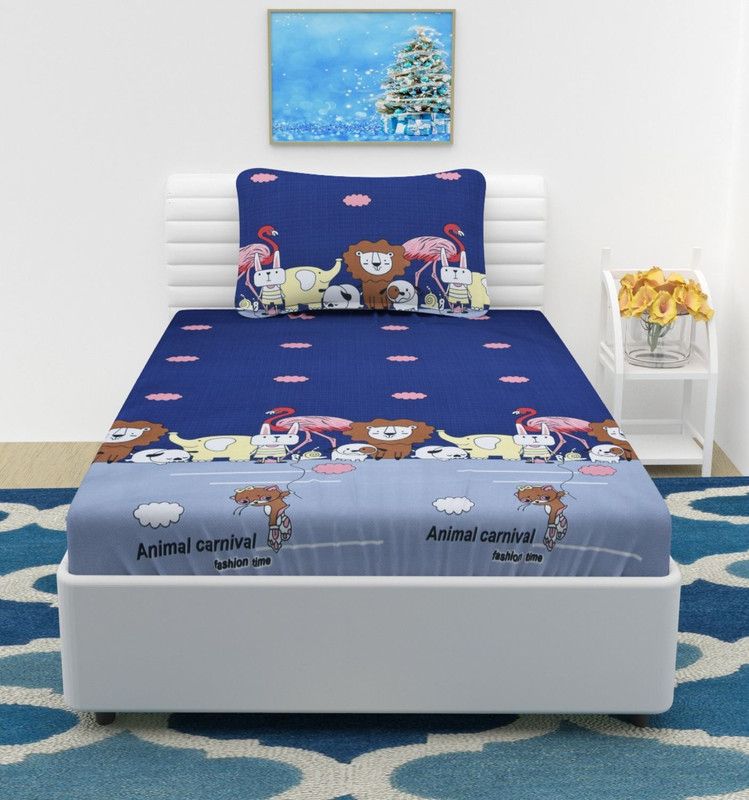 FLOURISHING HOMES 200 TC Cotton Single Printed Flat Bedsheet  (Pack of 1, Blue)