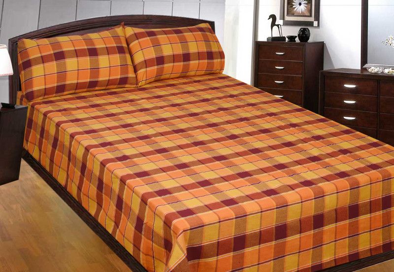New Ladies Zone 400 TC Cotton Double Checkered Flat Bedsheet  (Pack of 1, Orange)