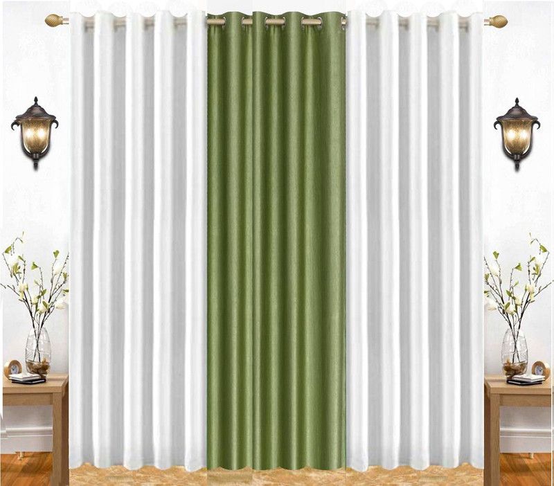 India Furnish 213 cm (7 ft) Polyester Semi Transparent Door Curtain (Pack Of 3)  (Plain, Solid, Green & White)