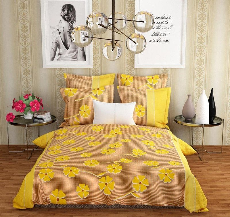 PICTAS 180 TC Polycotton Double 3D Printed Flat Bedsheet  (Pack of 1, Yellow)
