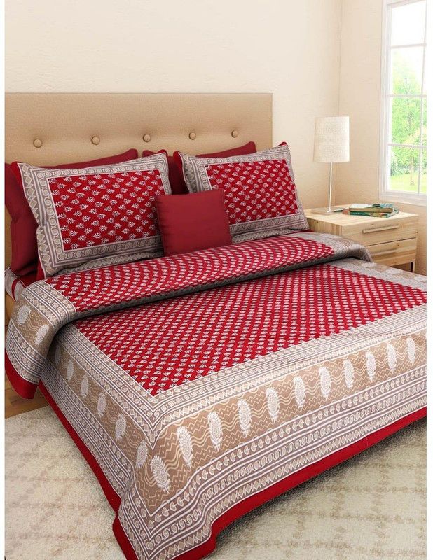 jaiho 160 TC Cotton Double Printed Flat Bedsheet  (Pack of 1, Red)