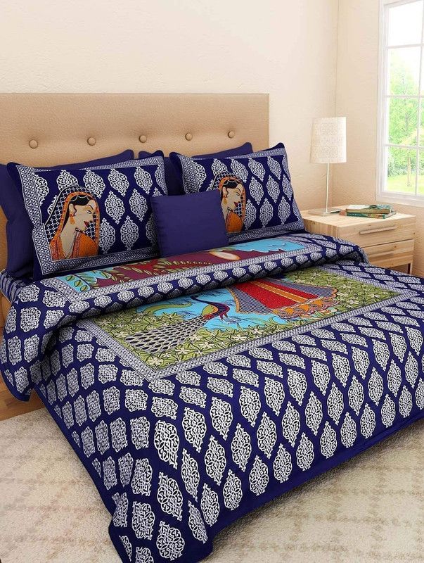 VASTRA VILLA 170 TC Cotton Double Jaipuri Prints Flat Bedsheet  (Pack of 1, Blye Multi Design)