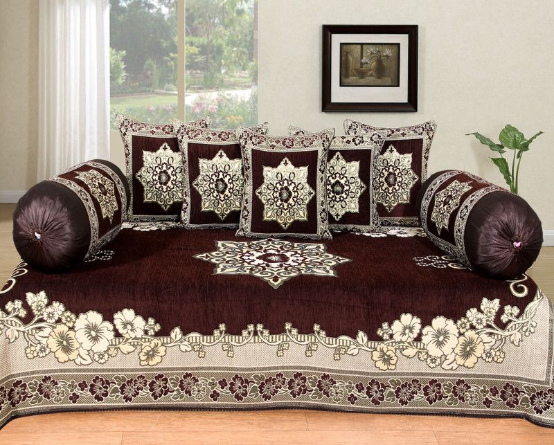 Countingbeds Chenille Floral Diwan Set  (Brown)