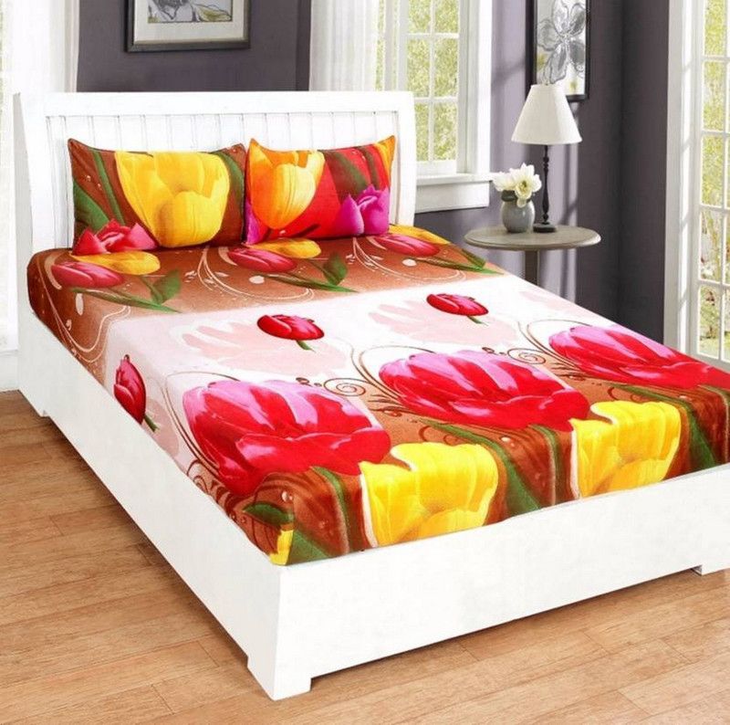 VHD 144 TC Microfiber Double Floral Flat Bedsheet  (Pack of 1, Brown)