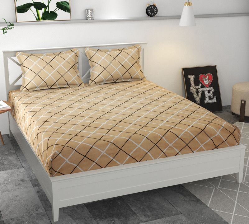 CASTIQA 156 TC Polycotton Double Checkered Flat Bedsheet  (Pack of 1, Beige)