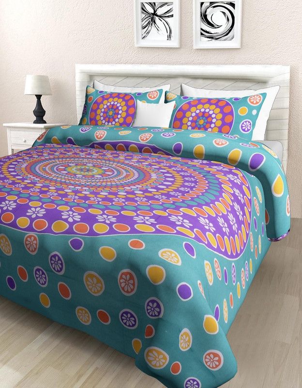 KRISTI COLLECTION 120 TC Cotton Queen Jaipuri Prints Flat Bedsheet  (Pack of 3, Green, Blue)