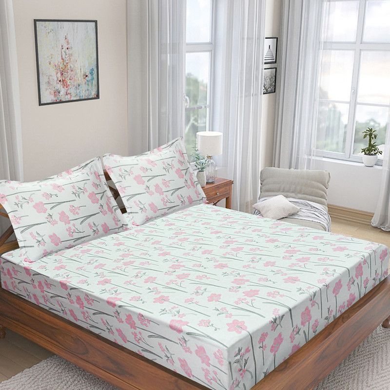 Flipkart Perfect Homes 210 TC Cotton King Floral Flat Bedsheet  (Pack of 1, Pink)