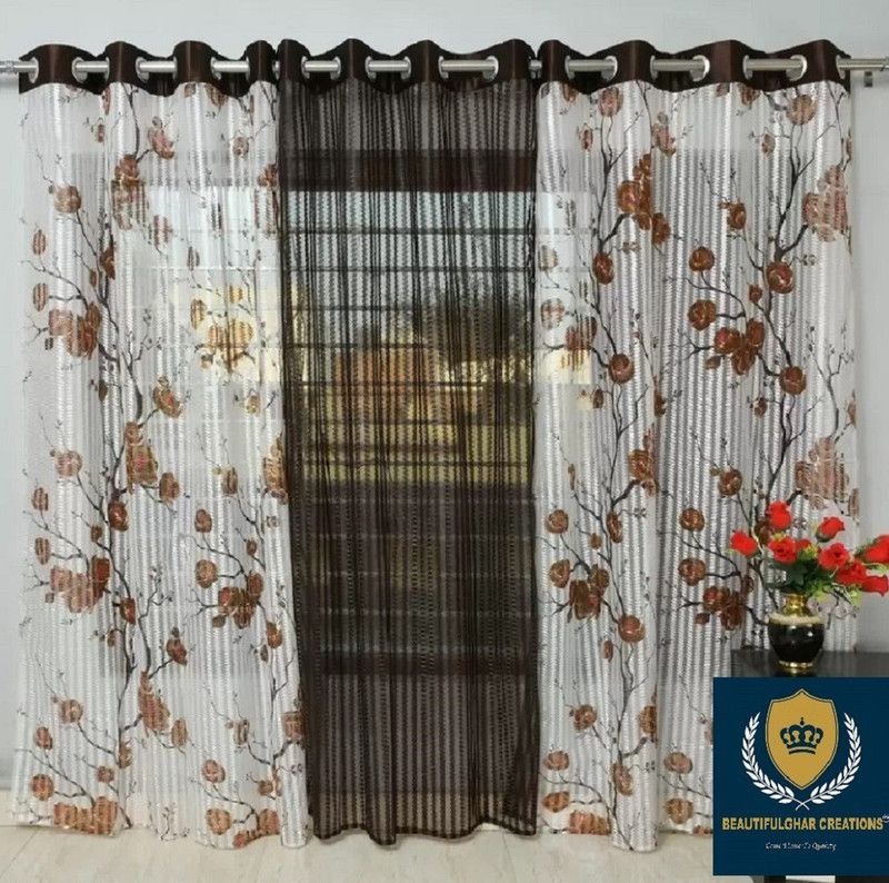 BeautifulGhar Creations 212 cm (7 ft) Tissue Semi Transparent Door Curtain (Pack Of 3)  (Floral, Brown)