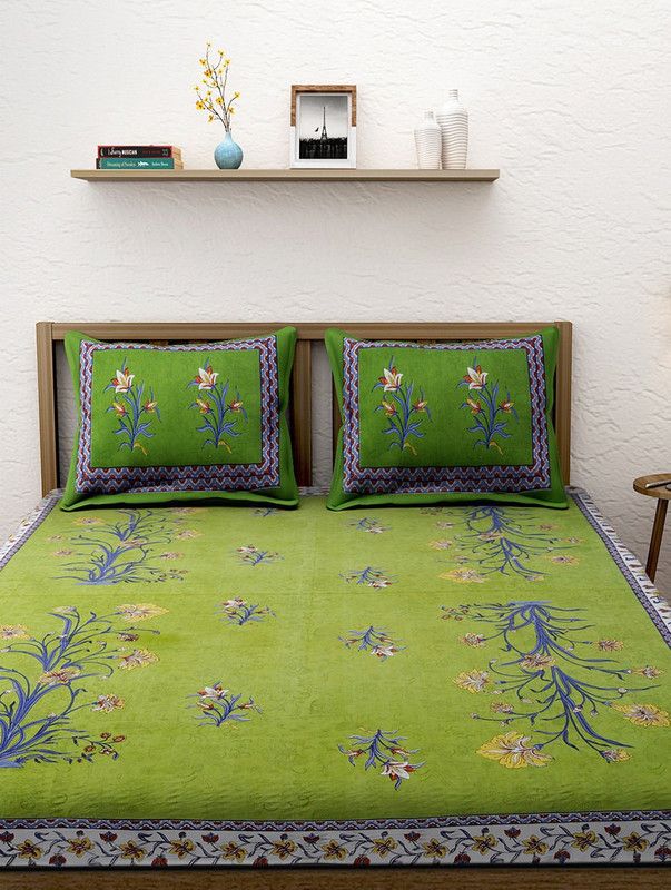 104 TC Cotton Double Printed Bedsheet  (Pack of 1, Green)