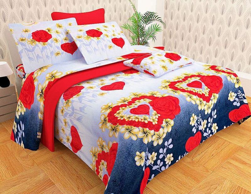 Crotontend 144 TC Polycotton Double Floral Flat Bedsheet  (Pack of 1, Red, Sky Blue)