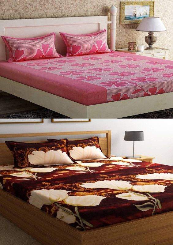 Indian GSM Handloom 144 TC Microfiber Double Floral Flat Bedsheet  (Pack of 2, Pink)