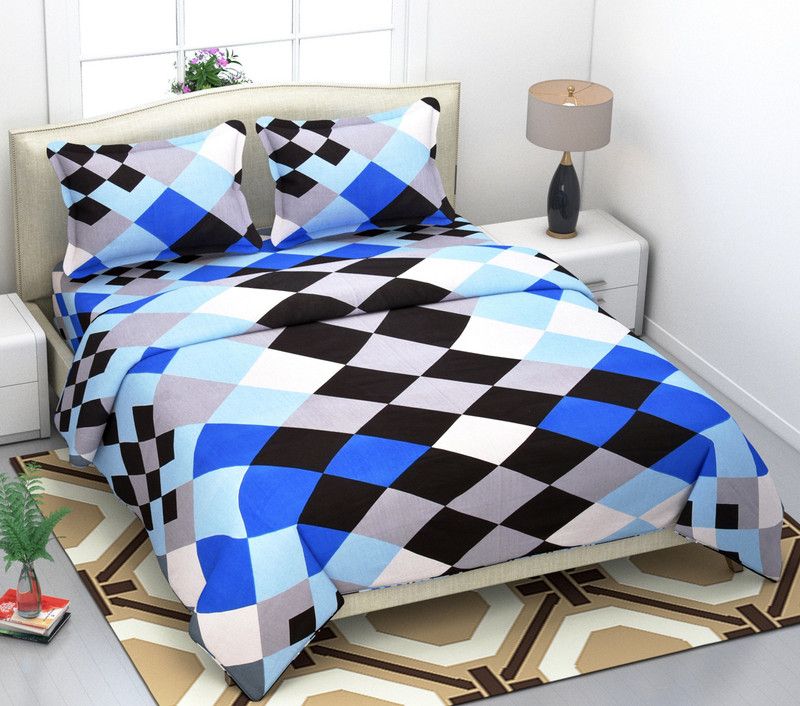 Amayra Home 120 TC Cotton Double Geometric Flat Bedsheet  (Pack of 1, Blue)