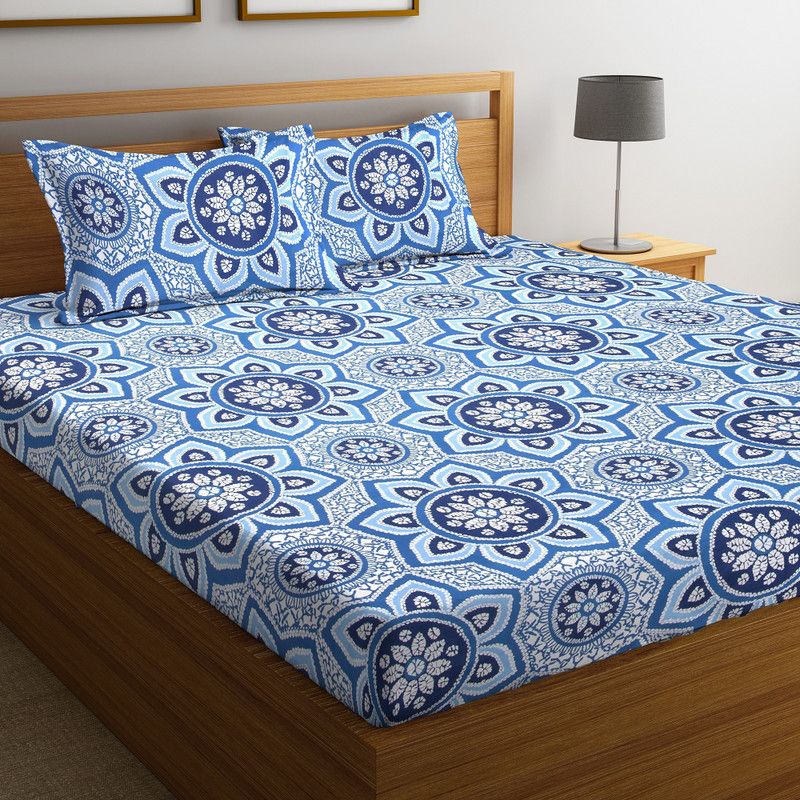 Flipkart SmartBuy 104 TC Cotton Double Jaipuri Prints Flat Bedsheet  (Pack of 1, Blue)