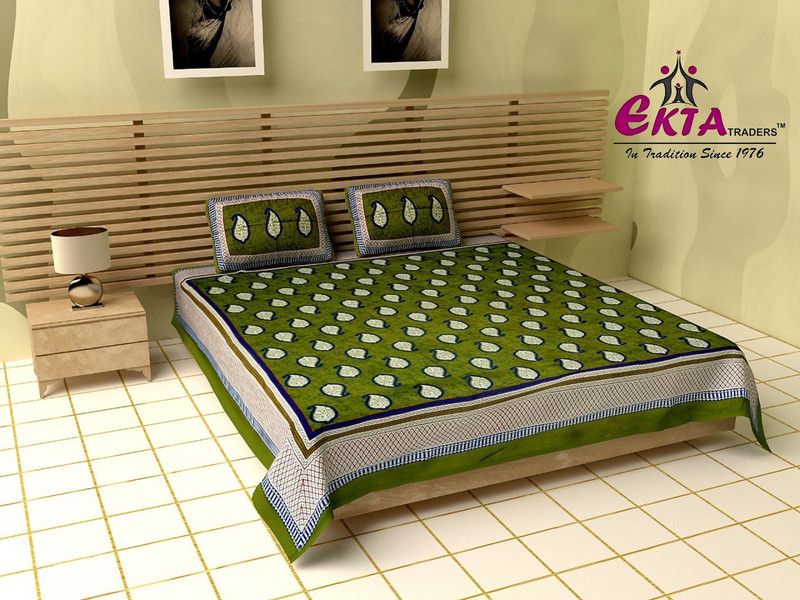 Ekta Traders 144 TC Cotton Queen Jaipuri Prints Flat Bedsheet  (Pack of 1, Green)