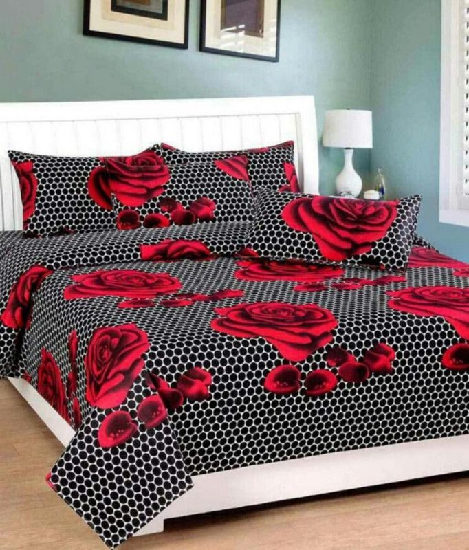 Twinkle Star's 104 TC Cotton Double Floral Flat Bedsheet  (Pack of 1, Red, Black)
