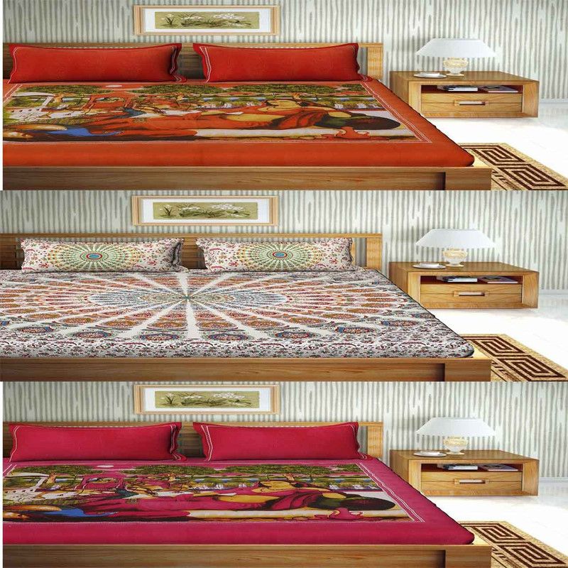 Rangun 144 TC Cotton Double Printed Flat Bedsheet  (Pack of 2, Beige)