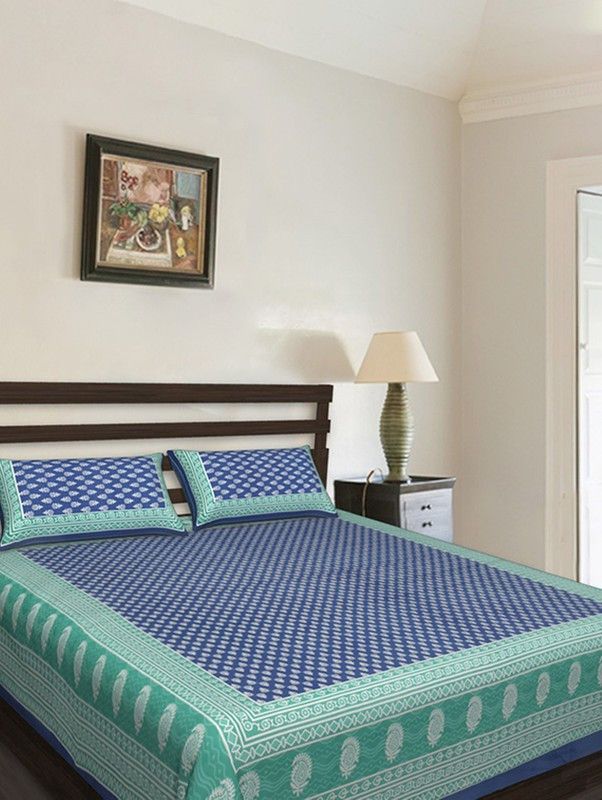 Bhagats 140 TC Cotton Double Printed Flat Bedsheet  (Pack of 1, Green,Blue)