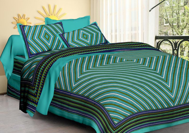 Unique Fashion 150 TC Cotton Double Jaipuri Prints Flat Bedsheet  (Pack of 1, Blue, Green, White, Black)