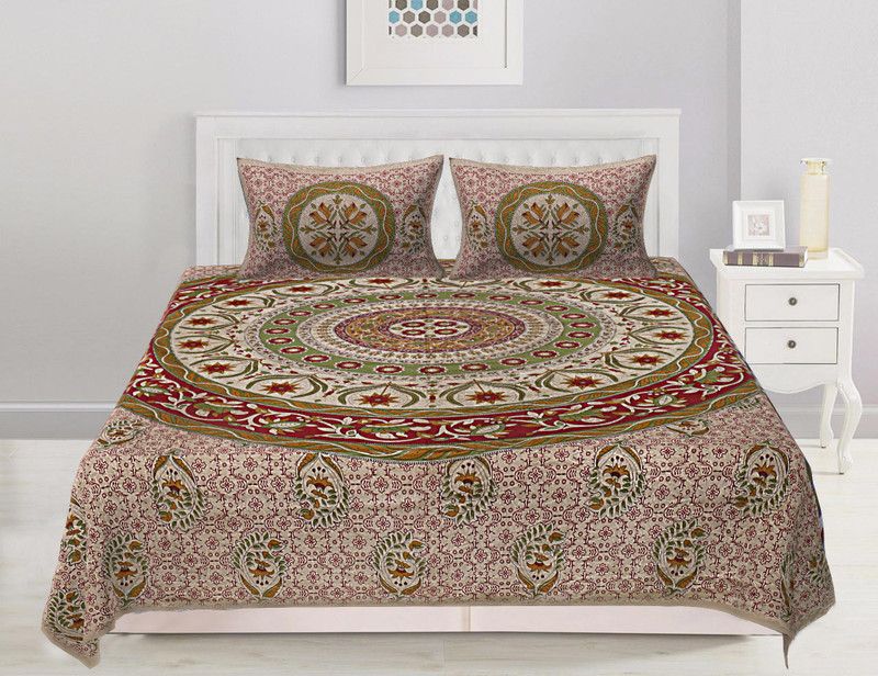 Go Texstylers 220 TC Cotton Queen Jaipuri Prints Flat Bedsheet  (Pack of 1, Green)