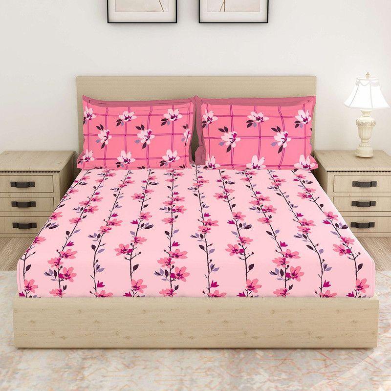 Layers 104 TC Cotton Queen Printed Flat Bedsheet  (Pack of 1, Pink)